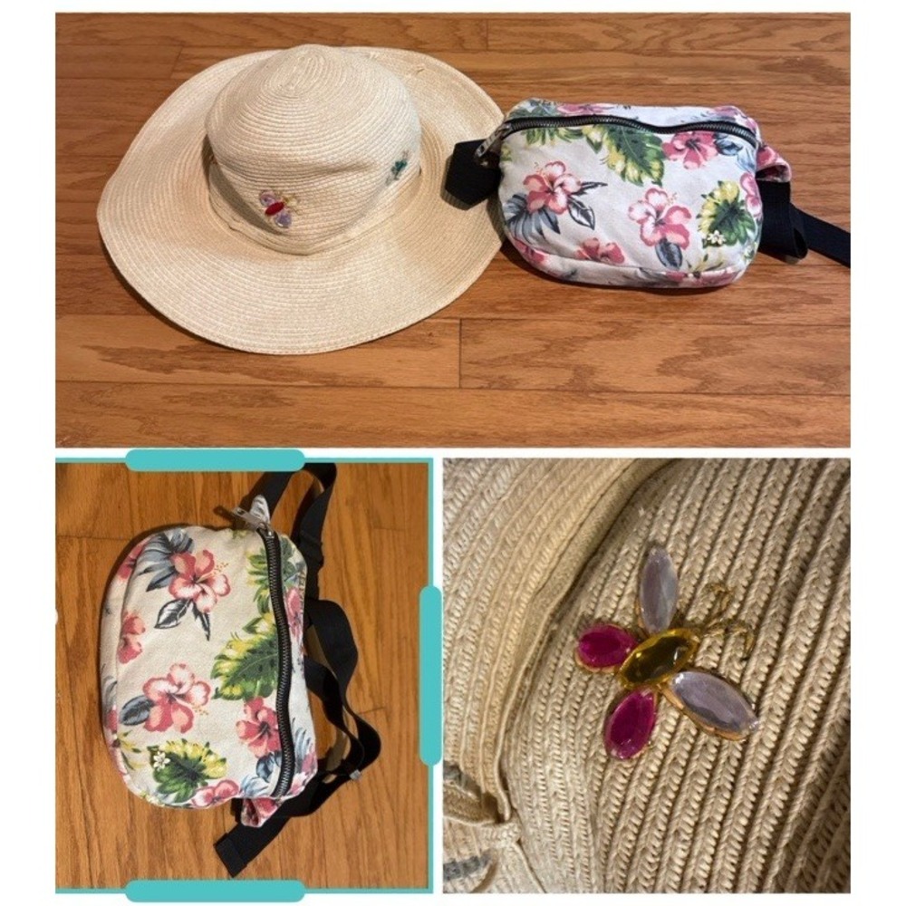 VTG Cappelli Straworld Tan Woven Straw Jeweled Bugs Insects & Floral Waist Bag